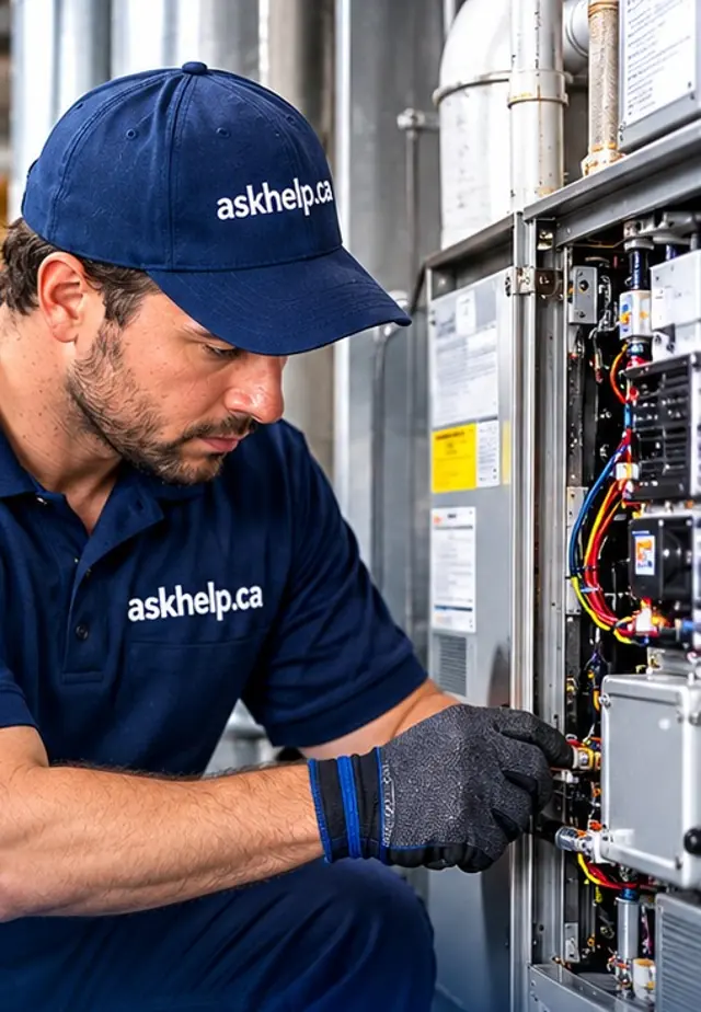 HVAC technician in an askhelp.ca uniform working on a furnace